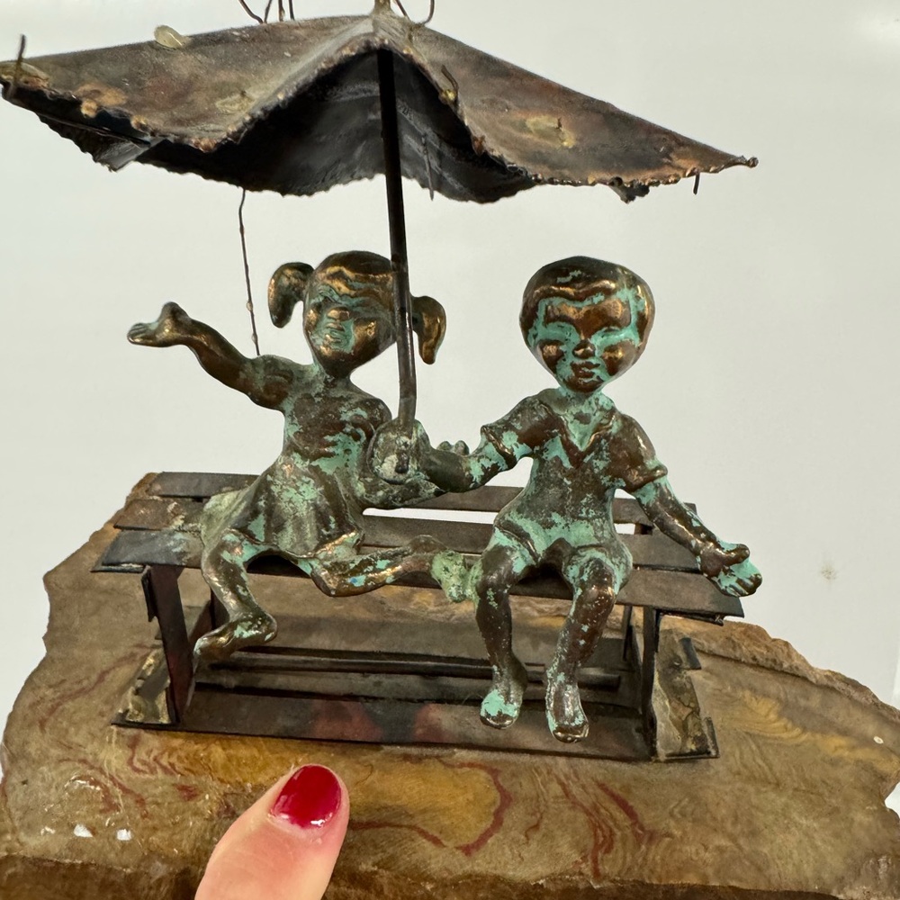 Brian Bijan Mid-Century Brass & Copper Kids On A Bench Rainy Day Sculpture